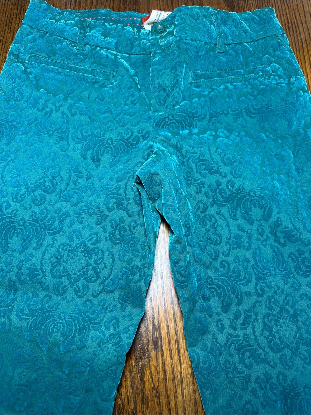 Cigarette Pants Anthropologie Velvet Burnout Teal Floral Cartonnier Size 6 - Picture 2 of 16